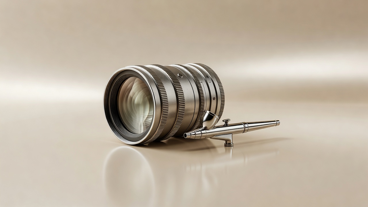 Soft-lit 3D render of a cinema camera lens and a makeup airbrush on a champagne background