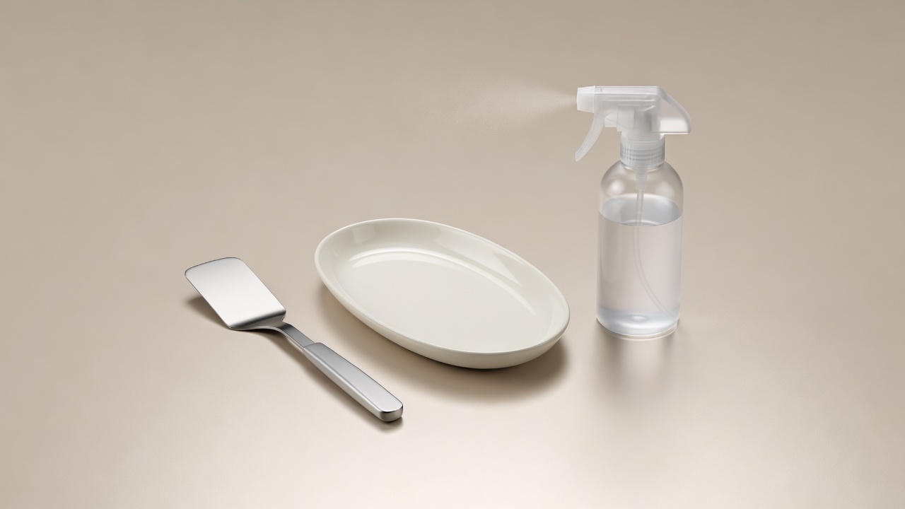 Soft-lit 3D render of a steel spatula, mixing palette and spray bottle of sanitiser on a champagne background
