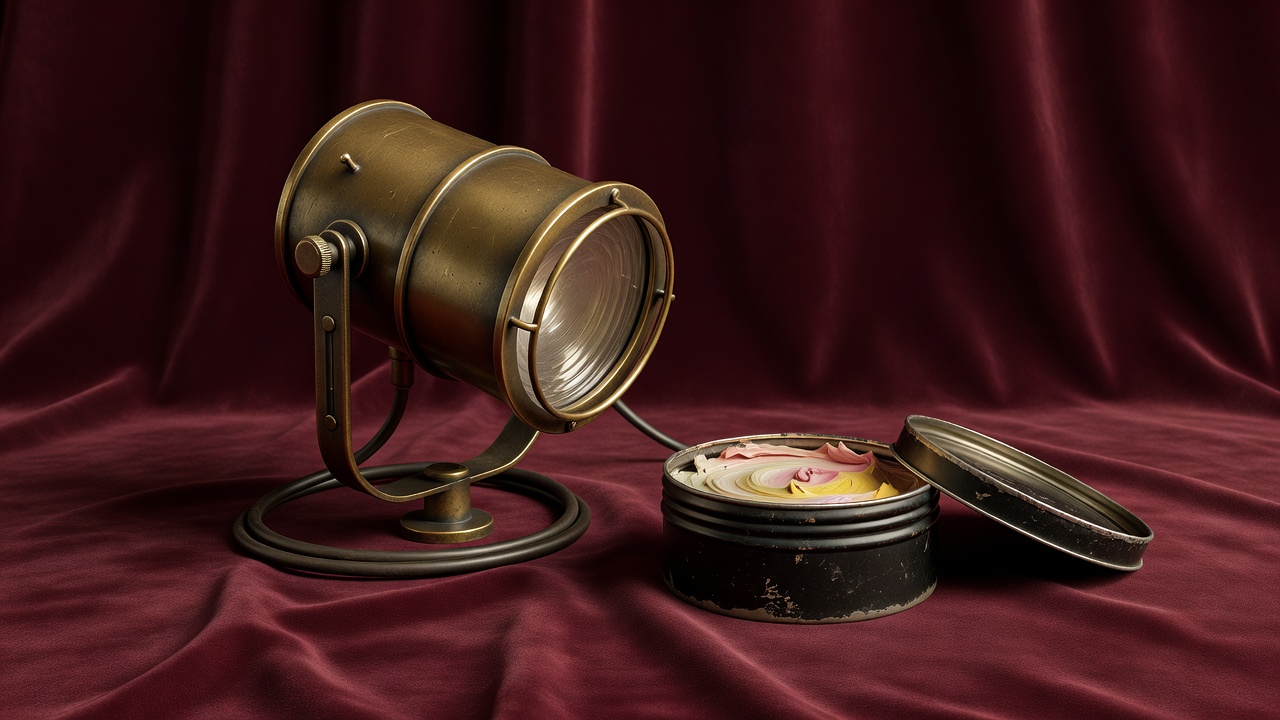 Soft-lit 3D render of a vintage stage spotlight beside an open tin of greasepaint on a burgundy background