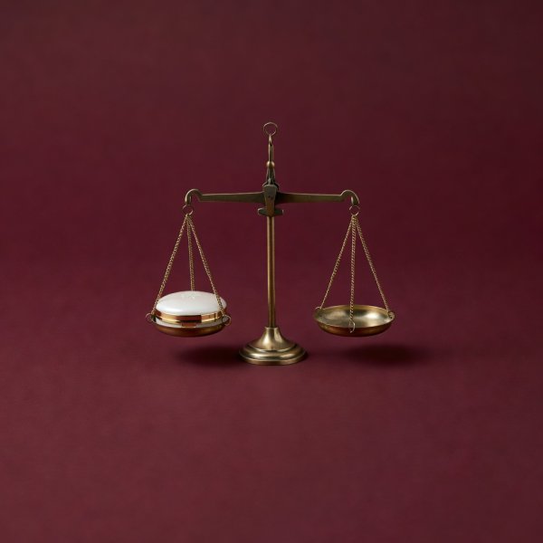 Soft-lit 3D render of a small brass balance scale holding a powder compact on a burgundy background